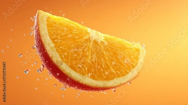 Fototapeta Floating slice of orange with juice droplets