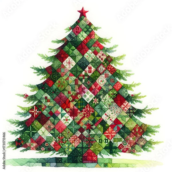 Fototapeta Patchwork christmas tree. Cute folk holiday colorful illustration isolated on white background
