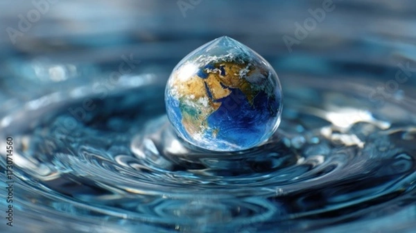 Fototapeta A water droplet sits above a surface perfectly encasing a small globe depicting Earth. The droplet creates ripples in the surrounding clear blue water reflecting light beautifully.