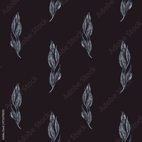 Fototapeta Seamless background with tree branches and leaves watercolor vertical black textures on dark red fuchsia burgundy hand painted