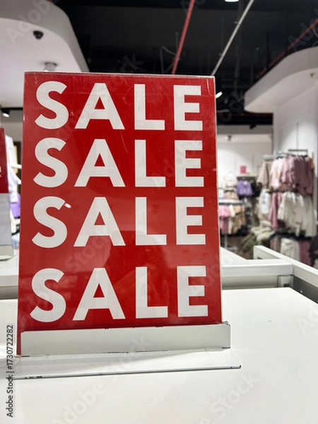 Obraz Red sale sign prominently displayed in a clothing store, drawing attention during a promotion event. Shoppers navigate aisles of clothes, creating a bustling shopping atmosphere