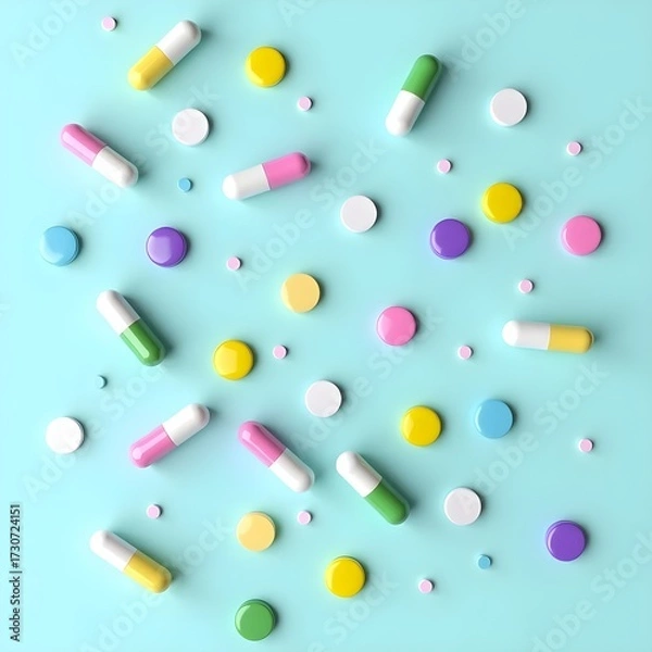 Fototapeta A colorful assortment of pills and capsules on a blue background.