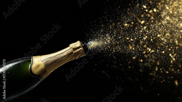 Fototapeta Champagne bottle bursting with sparkling wine against black background  