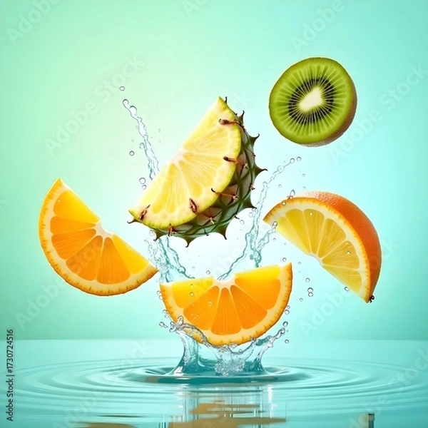 Fototapeta Slices of fruit splashing into water