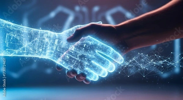 Fototapeta Futuristic handshake of human and digital hologram symbolizing man and machine connection in sci-fi style