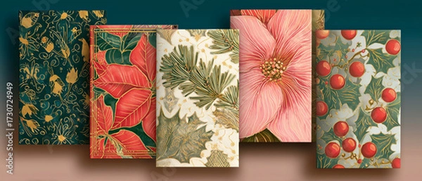 Fototapeta Assorted New Year greeting cards with floral designs and patterns  