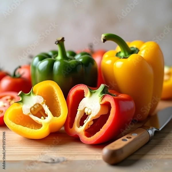 Fototapeta A group of colorful bell peppers on a table