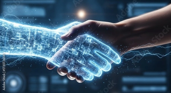 Fototapeta Futuristic handshake of human and digital hologram symbolizing man and machine connection in sci-fi style