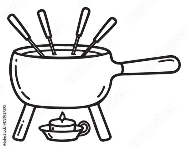 Fototapeta Line art of fondue pot with forks and candle for melting cheese or chocolate - stock vector