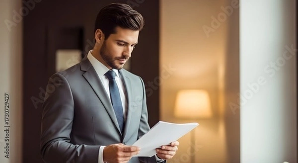Fototapeta Professional businessman in a sharp grey suit holding documents indoors with a focused and confident demeanor