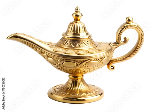 Fototapeta Ornate golden aladdins magic lamp, isolated on transparent background