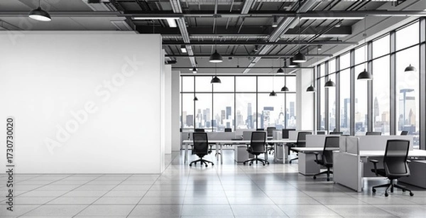 Fototapeta Modern open space office interior with large windows, city view, empty white wall and clean workstations in minimalist architecture concept design. Ai generative