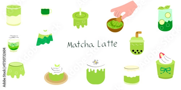 Fototapeta Set of matcha drinks with latte, bubble tea, lime soda, hot tea and whipped cream illustration