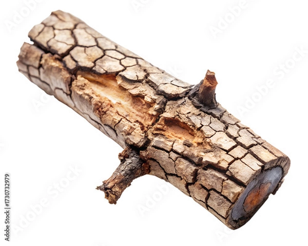 Fototapeta A rough, weathered piece of wood with cracked bark, isolated on transparent background