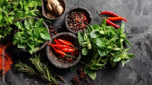 Obraz A vibrant assortment of fresh green herbs and red chilies arranged with rosemary,