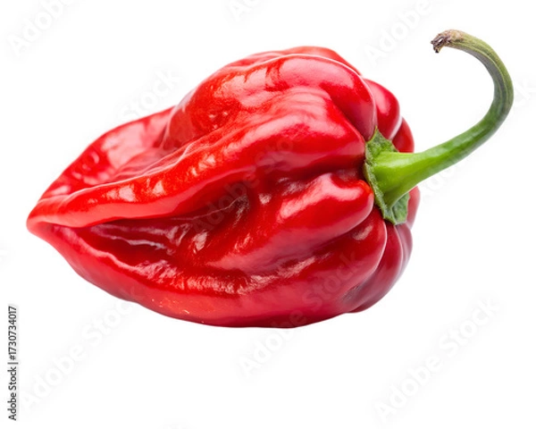 Fototapeta A vibrant red habanero pepper isolated on transparent background, showcasing its wrinkled texture and green stem