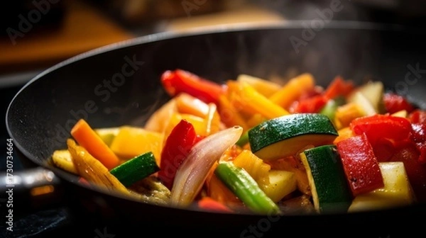 Fototapeta Freshly stir-fried colorful vegetables in a black skillet, including red bell peppers, green zucchini, yellow squash,