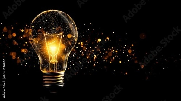 Obraz A glowing light bulb surrounded by shimmering bokeh lights symbolizes enlightenment, innovation,