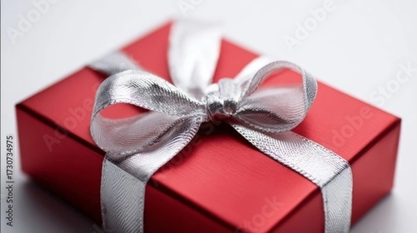 Obraz An elegant red gift box adorned with a shiny silver ribbon bow, symbolizing celebration, elegance, and festive joy.