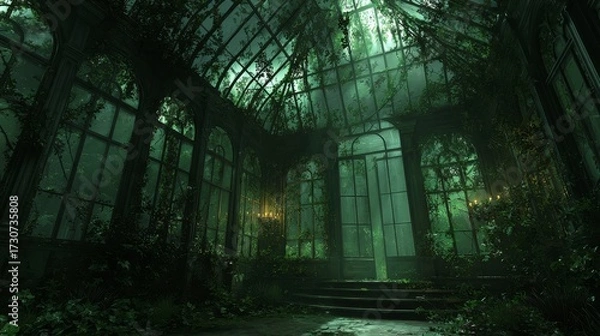 Obraz Spooky Victorian greenhouse overgrown with twisted vines. Broken glass panels and mysterious green glow
