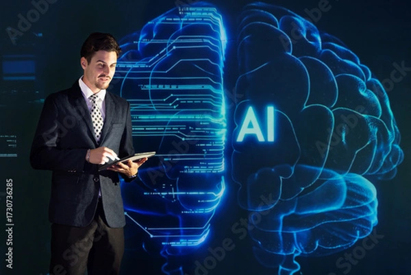 Fototapeta Speaker presents artificial intelligence AI concepts at a technology conference