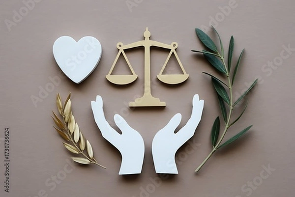 Obraz Symbolizing justice, compassion, and peace with scales, heart, hands, and olive branches in a serene composition for legal or humanitarian themes.