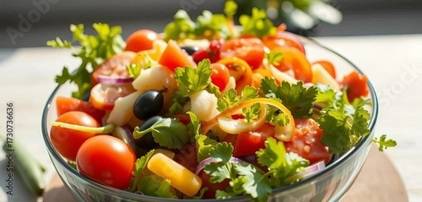 Fototapeta A vibrant salad bowl overflowing with fresh ingredients, sunlit setting, dressing, vibrant