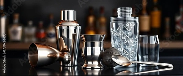 Fototapeta Elegant barware set with shaker, jigger, strainer, and mixing spoon,  whiskey,  stylish