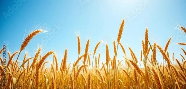 Fototapeta Golden wheat stalks sway gently in a summer breeze, under a vast blue sky,  agriculture,  abundance