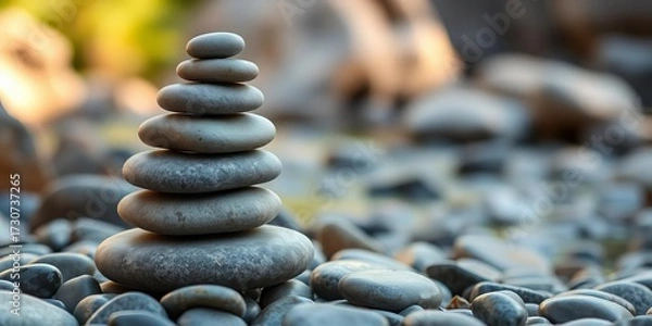 Fototapeta A carefully balanced stack of smooth, grey river stones, stones,  texture