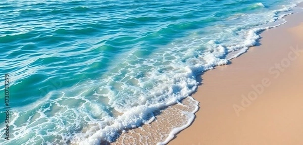 Fototapeta Tranquil turquoise ocean waves lapping gently on a sandy shore, oceanic, sunlight