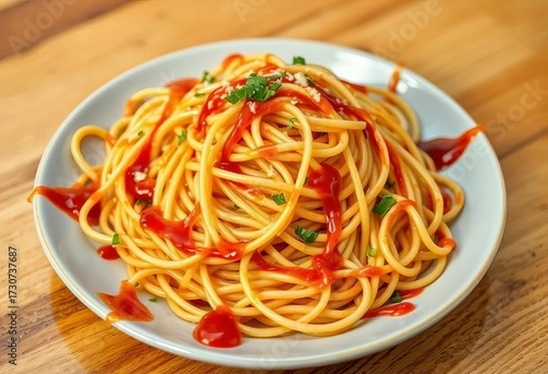 Fototapeta A plate overflowing with tangled spaghetti, sauce clinging to each strand,  dish,  food