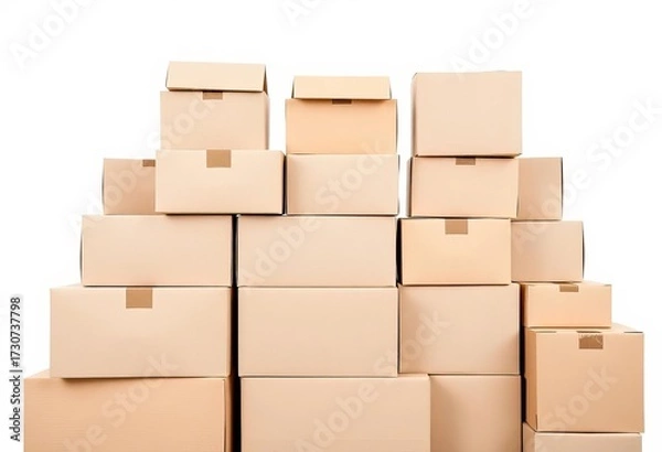 Fototapeta Stack of various sized cardboard boxes, light brown, against a white background, full, corrugated
