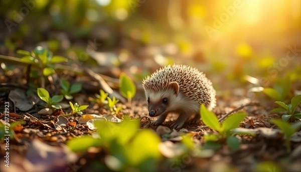 Fototapeta A tiny hedgehog ambles through a sun-dappled forest floor, foraging,  ground,  day