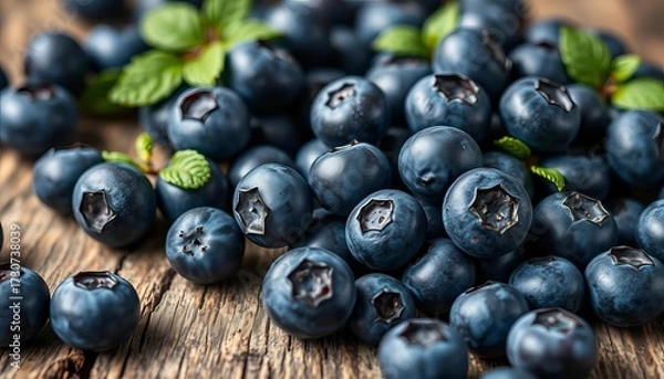 Fototapeta Close-up of vibrant, plump blueberries scattered on a rustic wooden surface, clean, image
