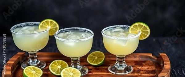 Fototapeta Three classic margaritas with lime wedges on a rustic wooden tray,  rustic,   texture