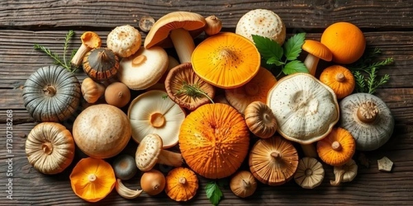 Fototapeta Variety of mushrooms, diverse textures and colors, on rustic wooden surface,  art,  close-up