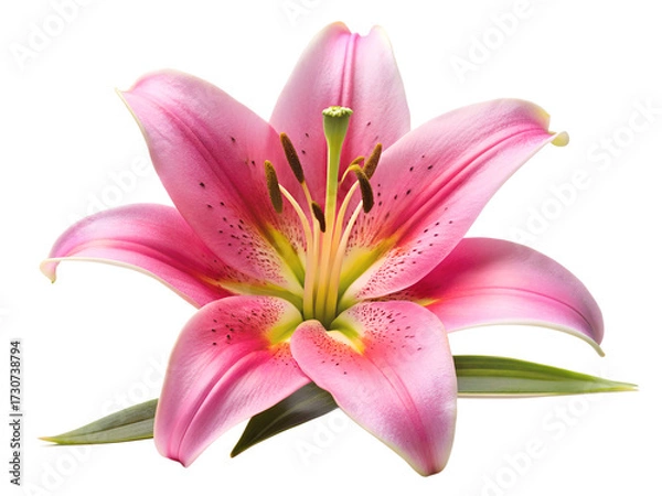 Fototapeta A single pink lily flower with green leaves, isolated on transparent background