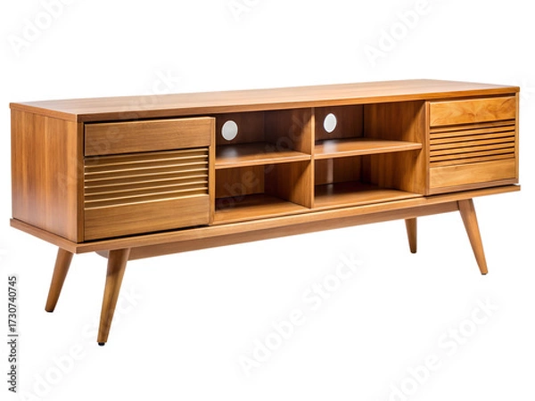 Fototapeta Midcentury modern wooden media console with storage isolated on transparent background