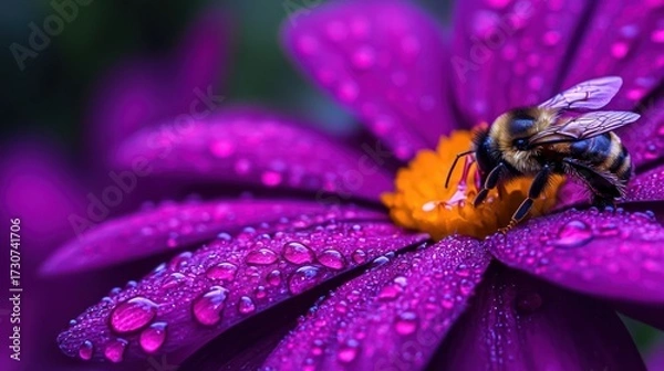 Fototapeta A furry bee on a vibrant purple flower, petals sparkling with dew. This macro shot captures the intricate details of nature's beauty and the essential process of pollination