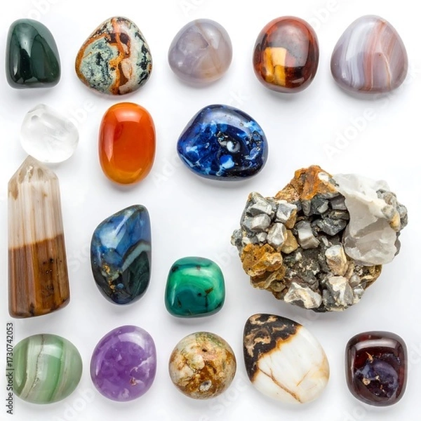 Fototapeta Assorted polished gemstones arranged on white background