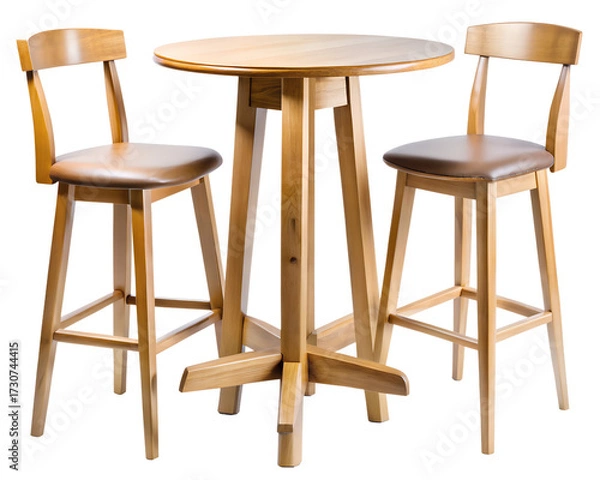 Fototapeta Wooden bar table with two high chairs, perfect for a cafe or home bar, isolated on transparent background
