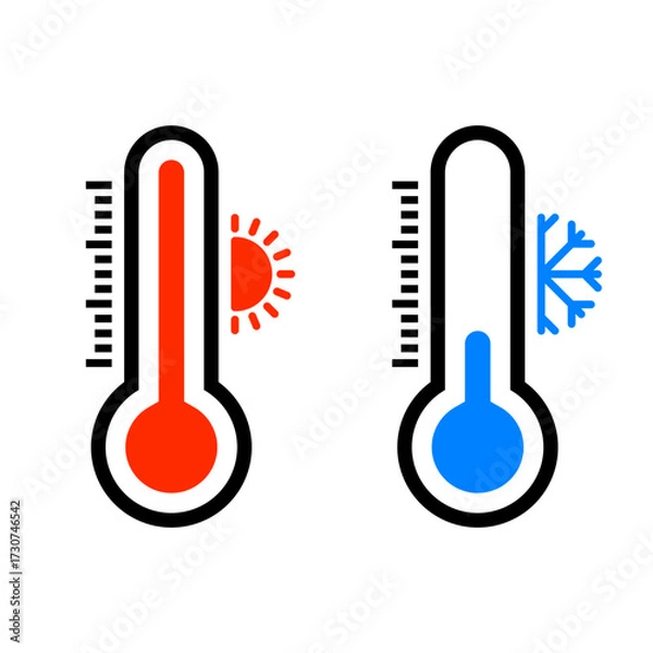 Fototapeta Thermometers showing hot and cold temperatures