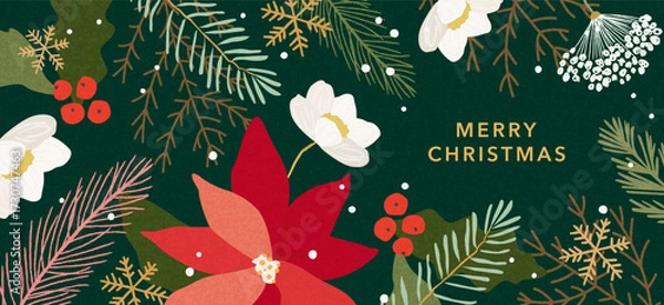Fototapeta Merry Christmas greeting card, banner, poster, cover. Modern beautiful Xmas art design with hand drawn Poinsettia flowers, holly berries, fir branches, plants, snowflakes pattern and typography.
