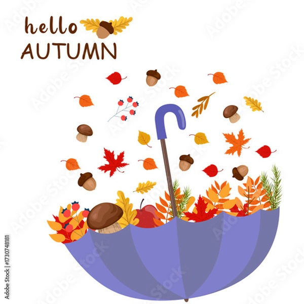 Obraz Autumn umbrella filled with colorful leaves, acorns and berries with hello autumn seasonal greeting card