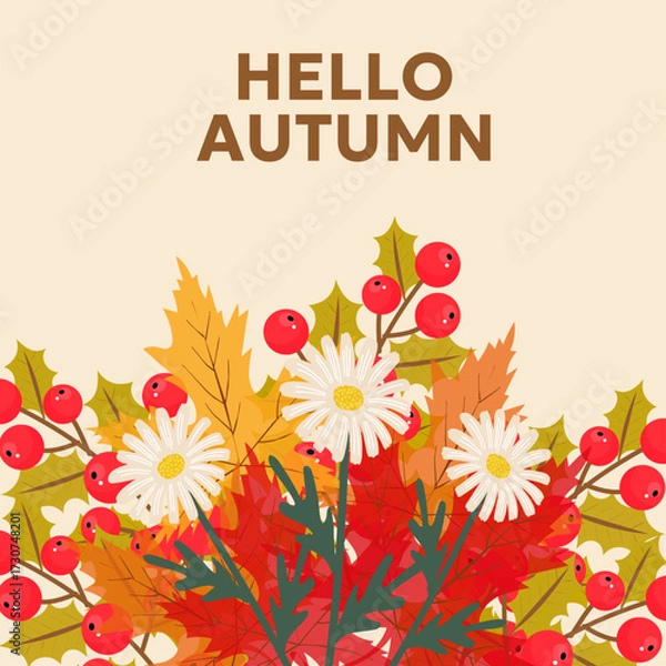 Obraz Autumn greeting card with colorful fall leaves red berries and white daisies arranged in seasonal bouquet