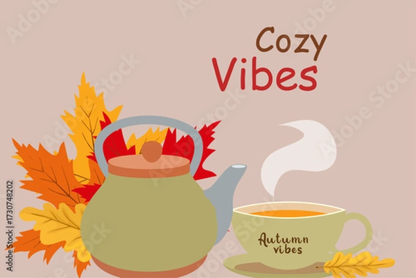 Obraz Autumn tea time with steaming cup and kettle surrounded by colorful fall leaves and cozy vibes design