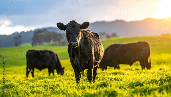 Fototapeta Black cows grazing in a green pasture at golden hour, with rolling hills and trees in the background—evoking rural serenity, livestock farming, and natural beauty.