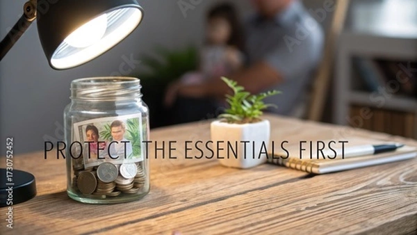 Obraz Family saving money in glass jar on wooden desk