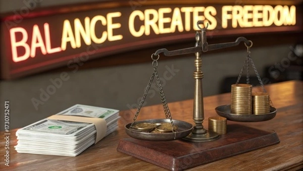 Obraz Balance scales with money and coins on wooden desk